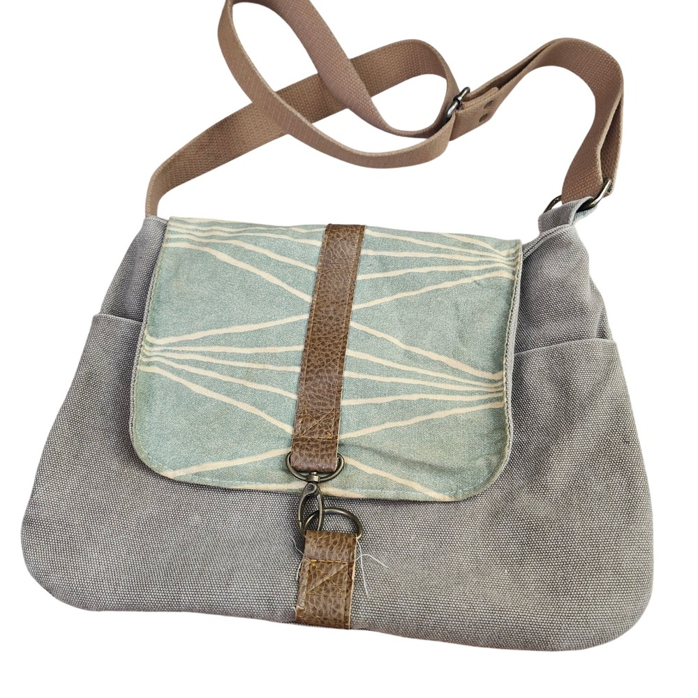 Atlas Post Canvas Messenger Bag Grey Blue Geometric Flap Crossbody Satchel Boho